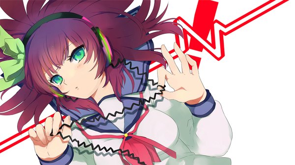 Anime picture 1920x1080 with angel beats! key (studio) nakamura yuri kippu highres open mouth wide image purple hair aqua eyes girl uniform bow school uniform serafuku headphones wire (wires)