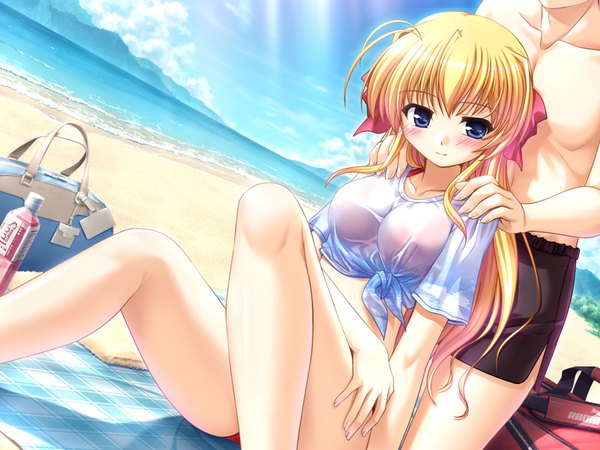 Anime picture 800x600 with fortune arterial august soft sendou erika bekkankou long hair blush blue eyes light erotic blonde hair sitting game cg sky ahoge beach solo focus front-tie top hand on another's shoulder girl boy bow