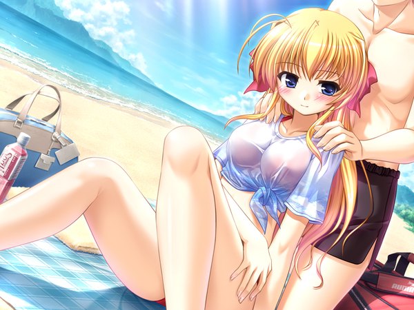 Anime-Bild 800x600 mit fortune arterial august soft sendou erika bekkankou long hair blush blue eyes light erotic blonde hair sitting game cg sky ahoge beach solo focus front-tie top hand on another's shoulder girl boy bow