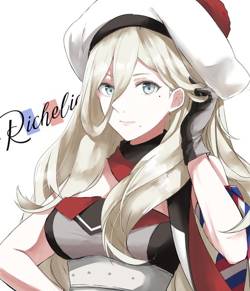Anime picture 909x1062 with kantai collection richelieu (kantai collection) morinaga (harumori) single long hair tall image looking at viewer fringe blue eyes blonde hair hair between eyes upper body mole character names hand on hip mole under eye adjusting hair mole under mouth girl gloves