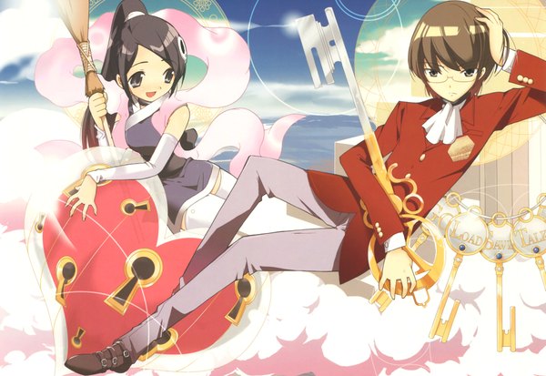 Anime picture 8517x5872 with kami nomi zo shiru sekai elsea de lute irma katsuragi keima highres black hair brown hair brown eyes absurdres cloud (clouds) ponytail black eyes couple girl boy glasses heart key keyhole