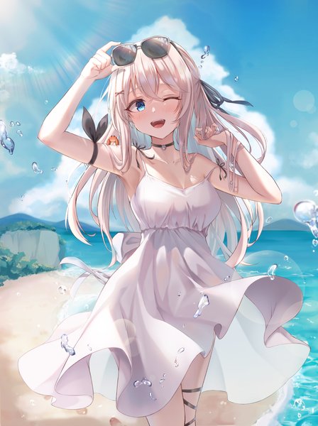 Anime picture 896x1200 with original sira (user dswn7488) single long hair tall image looking at viewer blush fringe breasts open mouth blue eyes smile hair between eyes standing sky cloud (clouds) outdoors white hair one eye closed wind