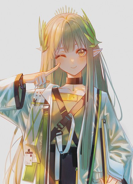Anime picture 816x1128 with arknights muelsyse (arknights) lium single long hair tall image looking at viewer simple background blonde hair smile yellow eyes upper body one eye closed pointy ears wink grey background cheek poke girl choker infection monitor (arknights)