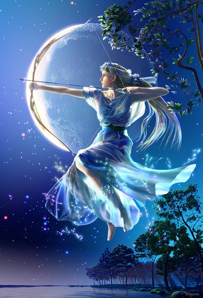Anime picture 821x1200 with original kagaya single long hair tall image looking away profile multicolored hair barefoot hair flower night sparkle night sky flying fantasy girl dress hair ornament flower (flowers) weapon