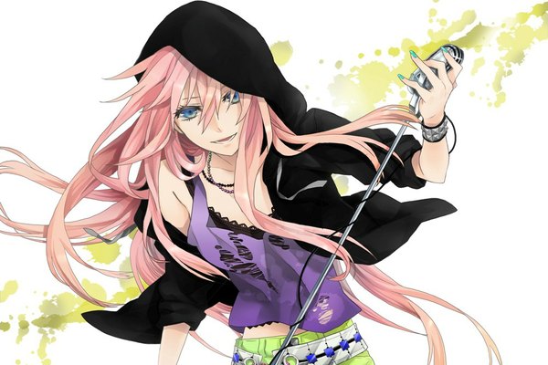 Anime picture 1000x667 with vocaloid megurine luka kyo zip single long hair looking at viewer open mouth blue eyes bare shoulders pink hair nail polish open clothes open jacket girl bracelet hood microphone microphone stand