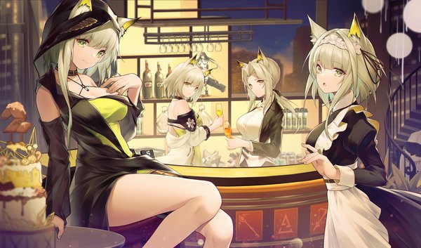 Anime picture 4210x2480 with arknights kal'tsit (arknights) blaze (arknights) jiusan naitan long hair looking at viewer fringe highres short hair breasts open mouth wide image large breasts standing sitting multiple girls holding green eyes animal ears payot