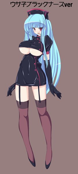 Anime picture 701x1553 with original torisan single long hair tall image blush breasts light erotic smile red eyes large breasts blue hair hieroglyph girl thighhighs gloves elbow gloves garter straps bodysuit