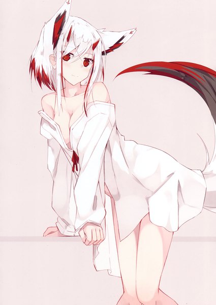 Anime picture 2089x2947 with original nagishiro mito single tall image looking at viewer blush fringe highres short hair breasts light erotic simple background smile hair between eyes red eyes standing bare shoulders animal ears payot cleavage