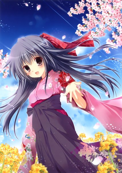 Anime picture 3253x4601 with original eshi 100-nin ten mizusawa mimori single long hair tall image looking at viewer blush highres open mouth black hair brown eyes absurdres traditional clothes cherry blossoms girl flower (flowers) ribbon (ribbons) hair ribbon petals