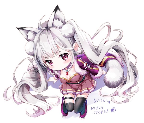 Anime picture 1623x1386 with wild girls amimi (artist) single looking at viewer blush fringe breasts simple background large breasts white background sitting purple eyes twintails animal ears payot cleavage silver hair full body ahoge bent knee (knees)