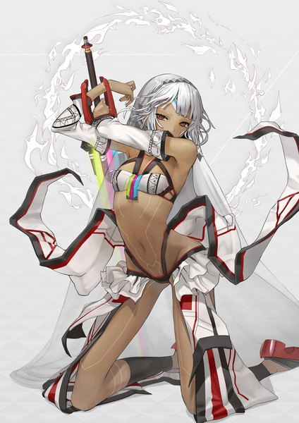 Anime picture 783x1107 with fate (series) fate/grand order altera (fate) mins (minevi) single tall image looking at viewer fringe short hair light erotic red eyes holding full body bent knee (knees) white hair arms up midriff kneeling dark skin bodypaint