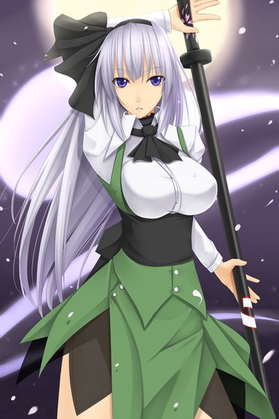 Anime picture 800x1200 with touhou konpaku youmu myon shuugetsu karasu single long hair tall image looking at viewer blue eyes silver hair ghost girl dress skirt weapon petals sword katana skirt set