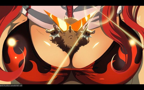 Anime picture 1680x1050 with tengen toppa gurren lagann gainax yoko littner boota heavymetalhanzo single long hair looking at viewer breasts light erotic wide image large breasts red hair between breasts humor girl swimsuit animal glasses scarf