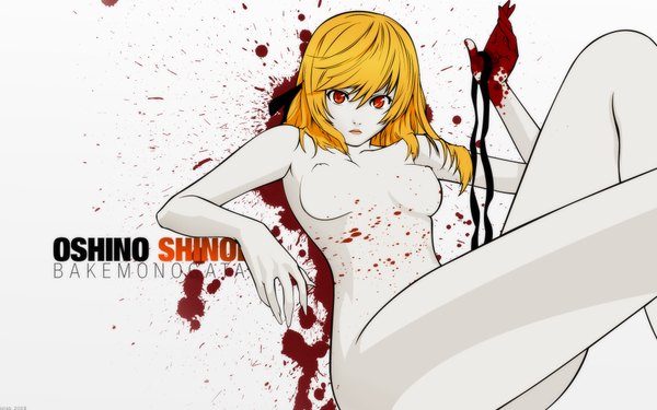 Anime picture 1920x1200 with bakemonogatari shaft (studio) monogatari (series) oshino shinobu highres light erotic blonde hair wide image signed orange eyes blood