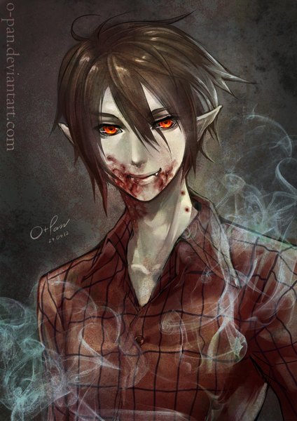 Anime picture 800x1131 with adventure time marshall lee (adventure time) o-pan single tall image looking at viewer fringe short hair black hair smile red eyes signed light smile lips open clothes orange eyes open shirt dated grey skin boy