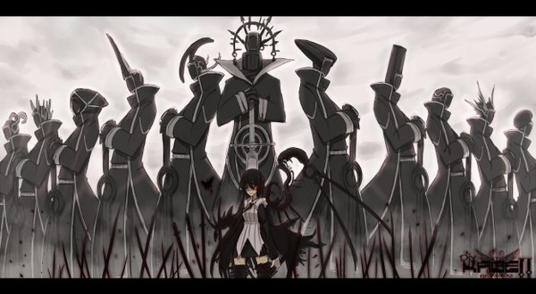 Anime picture 2500x1375 with original ganesagi long hair highres black hair red eyes wide image standing one eye closed wink zettai ryouiki glowing group glowing eye (eyes) demon mechanical wings warrior army girl thighhighs