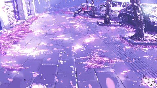Anime picture 1920x1080 with original xi chen chen highres wide image signed outdoors sunlight realistic cherry blossoms no people sunbeam street spring plant (plants) petals tree (trees) ground vehicle car motorcycle
