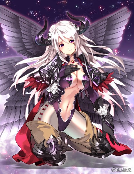 Anime picture 640x832 with original nukuhito single long hair tall image breasts light erotic purple eyes white hair horn (horns) pointy ears inscription kneeling hand on chest black wings face paint multiple wings girl thighhighs gloves