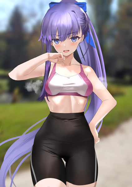 Anime-Bild 827x1169 mit fate (series) fate/extra fate/extra ccc meltryllis (fate) kesoshirou single tall image looking at viewer blush fringe breasts open mouth smile hair between eyes standing purple eyes bare shoulders sky purple hair outdoors