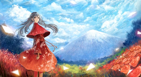 Anime picture 1320x720 with original bounin single long hair looking at viewer smile red eyes wide image sky cloud (clouds) grey hair mountain landscape new year girl dress rose (roses) cloak red dress