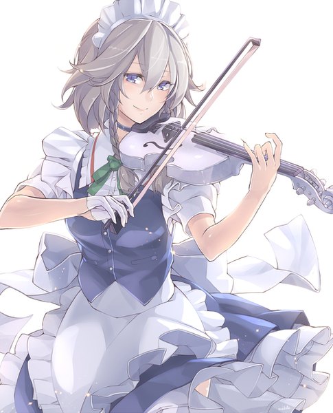 Anime picture 1000x1237 with touhou izayoi sakuya makita (twosidegekilove) single tall image looking at viewer blush fringe short hair simple background smile hair between eyes white background purple eyes braid (braids) grey hair short sleeves maid puffy sleeves twin braids