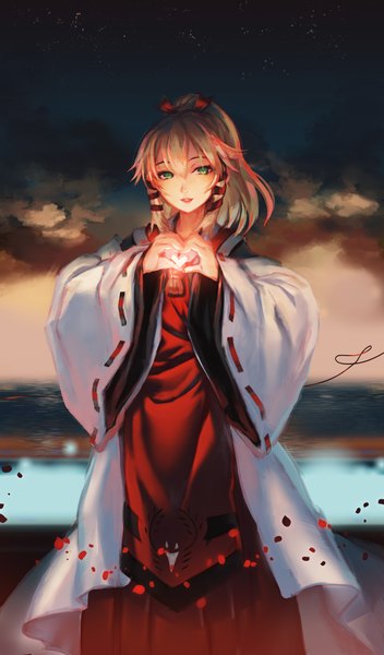 Anime picture 1280x2178 with inari konkon koi iroha production ims ukanomitama no kami saimon ma single long hair tall image looking at viewer blush open mouth blonde hair smile green eyes cloud (clouds) ponytail traditional clothes japanese clothes lips night teeth