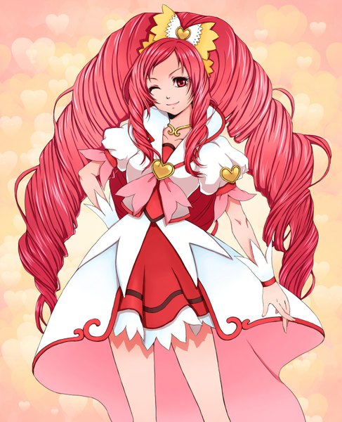 Anime picture 1370x1687 with precure dokidoki! precure toei animation madoka aguri cure ace saitou nekoichi single long hair tall image smile red eyes twintails pink hair one eye closed wink drill hair girl dress gloves bow