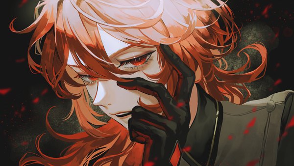 Anime picture 3840x2160 with genshin impact diluc ragnvindr yumeno yume single long hair looking at viewer fringe highres hair between eyes red eyes wide image absurdres red hair close-up boy gloves black gloves
