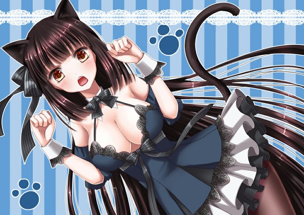 Anime-Bild 1000x708 mit original hiroharu single looking at viewer blush breasts open mouth light erotic brown hair large breasts brown eyes animal ears yellow eyes cleavage tail very long hair animal tail cat ears open clothes short sleeves