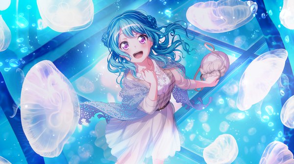 Anime picture 2000x1120 with bang dream! matsubara kanon single long hair looking at viewer blush fringe highres open mouth smile wide image standing purple eyes holding blue hair head tilt :d from above official art hair bun (hair buns)
