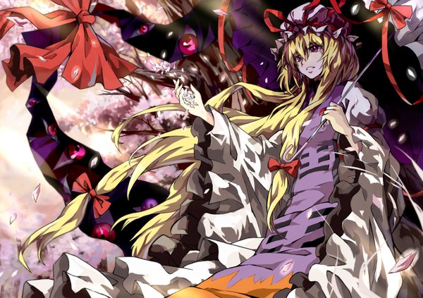 Anime picture 2125x1500 with touhou yakumo yukari neko (yanshoujie) single long hair highres blonde hair wind cherry blossoms eyes girl dress bow plant (plants) hair bow petals tree (trees) umbrella bonnet