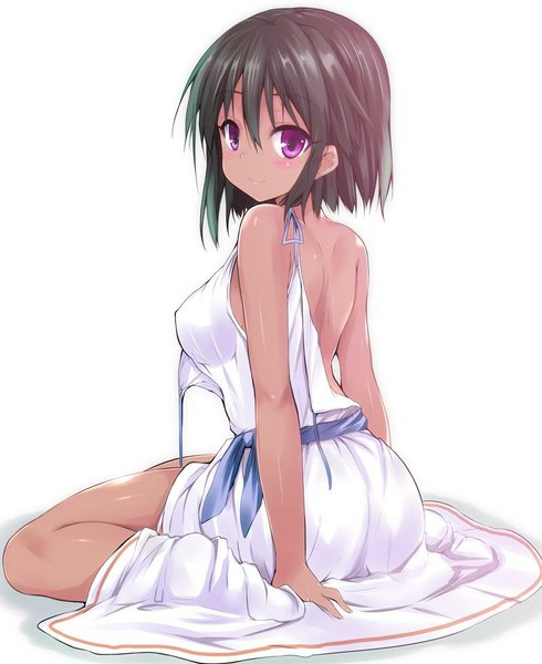 Anime picture 800x979 with idolmaster idolmaster cinderella girls natalia (idolmaster) sen (astronomy) single tall image looking at viewer blush fringe short hair breasts light erotic black hair simple background smile white background sitting purple eyes bare shoulders bent knee (knees)