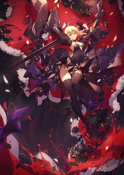 Anime picture 1208x1700 with fate (series) fate/grand order artoria pendragon (all) saber alter atdan single tall image looking at viewer short hair light erotic blonde hair yellow eyes destruction girl thighhighs dress weapon black thighhighs detached sleeves white thighhighs