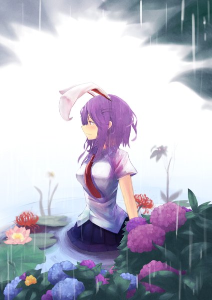 Anime picture 2508x3541 with touhou reisen udongein inaba otukimi single tall image blush highres short hair animal ears absurdres purple hair profile light smile girl skirt flower (flowers) necktie blouse clothes