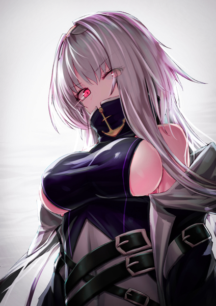 Anime picture 1000x1415 with azur lane colorado (azur lane) west (vaem5527) single long hair tall image looking at viewer fringe breasts light erotic simple background red eyes large breasts bare shoulders silver hair upper body hair over one eye off shoulder grey background gradient background