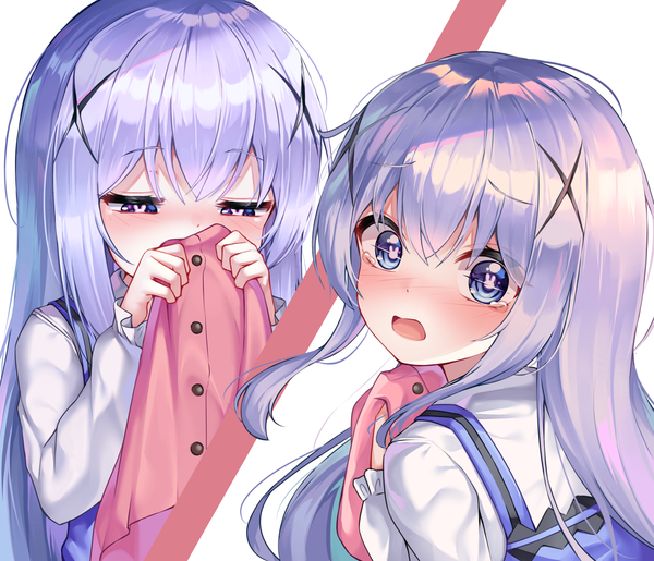 Anime picture 1500x1288 with gochuumon wa usagi desu ka? white fox kafuu chino mannack long hair looking at viewer blush fringe open mouth blue eyes simple background hair between eyes white background holding payot purple hair upper body loli embarrassed floating hair