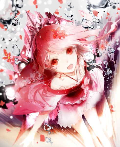 Anime picture 1091x1334 with original sa'yuki single long hair tall image looking at viewer open mouth red eyes standing bare shoulders pink hair red hair hair flower from above happy spread arms girl dress hair ornament flower (flowers)