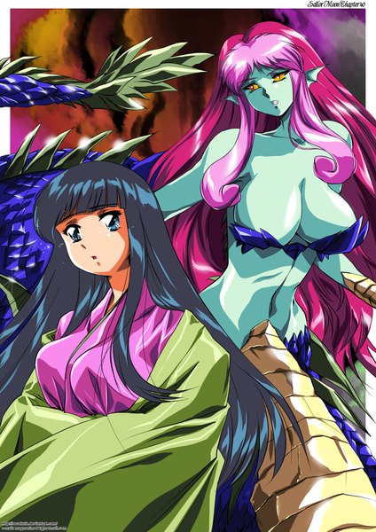 Anime picture 2480x3507 with bishoujo senshi sailor moon toei animation sailor moon monster book phantom of the lake hinomars19 long hair tall image fringe highres breasts blue eyes light erotic large breasts yellow eyes blue hair looking away pink hair blunt bangs traditional clothes parted lips