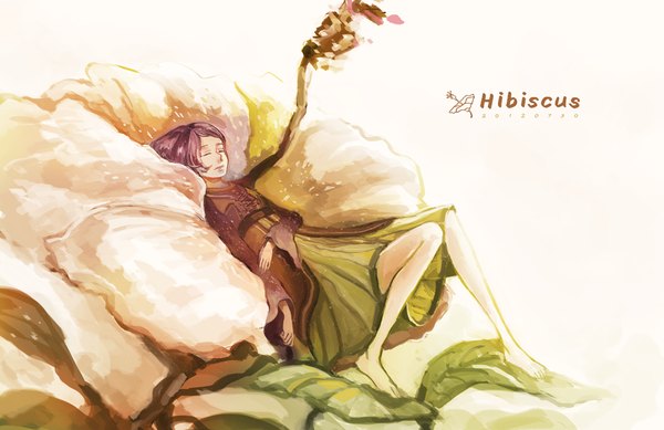 Anime picture 1000x649 with original pege (artist) single short hair simple background white background purple hair lying eyes closed barefoot inscription sleeping minigirl girl flower (flowers) hibiscus