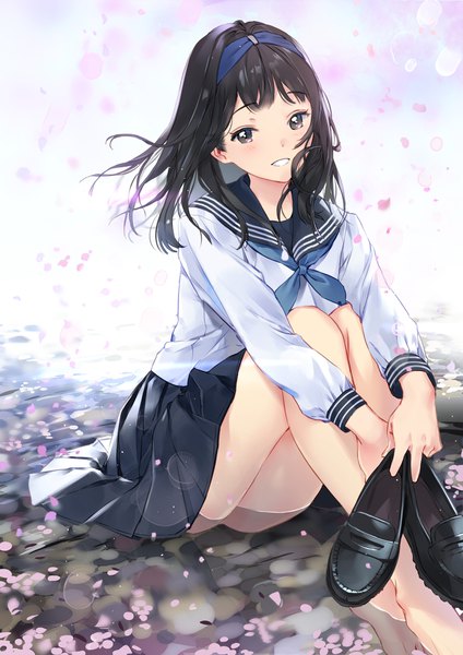 Anime picture 1240x1754 with original macciatto (aciel02) single long hair tall image blush fringe light erotic black hair smile sitting holding brown eyes parted lips pleated skirt barefoot wind grin leg hug shoes removed