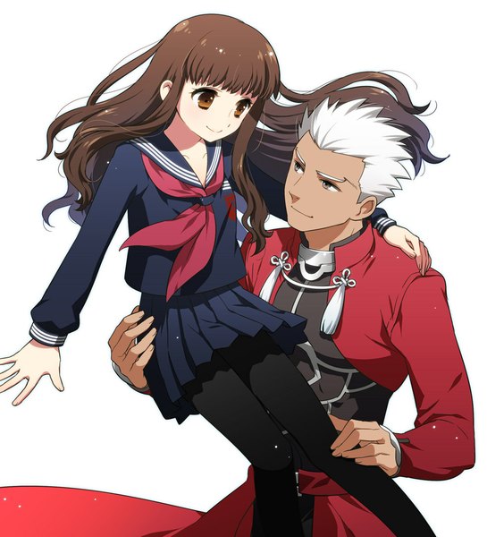 Anime picture 1000x1100 with fate (series) fate/extra fate/extra ccc type-moon archer (fate) female protagonist (fate/extra) tetsukuzu tetsuko long hair tall image short hair simple background brown hair white background brown eyes white hair girl boy serafuku cloak