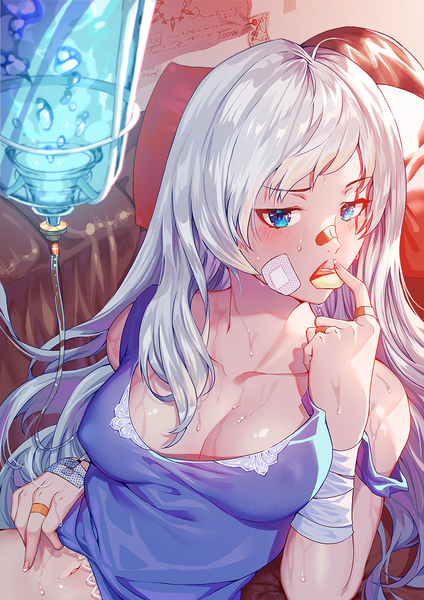 Anime picture 848x1200 with rwby rooster teeth weiss schnee wangxiii single long hair tall image looking at viewer blush fringe breasts blue eyes light erotic bare shoulders cleavage silver hair indoors fingernails sweat shiny skin