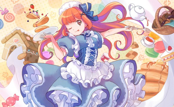 Anime picture 1210x750 with original shati single long hair looking at viewer fringe wide image brown eyes blunt bangs one eye closed wink orange hair maid puffy sleeves outstretched arm checkerboard cookie tea set girl uniform hair ornament
