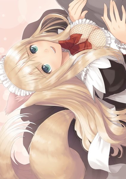 Anime picture 1283x1820 with shining (series) shining hearts lorna (shining hearts) tony taka single long hair tall image looking at viewer open mouth blue eyes light erotic blonde hair animal ears tail animal tail official art maid girl dress uniform