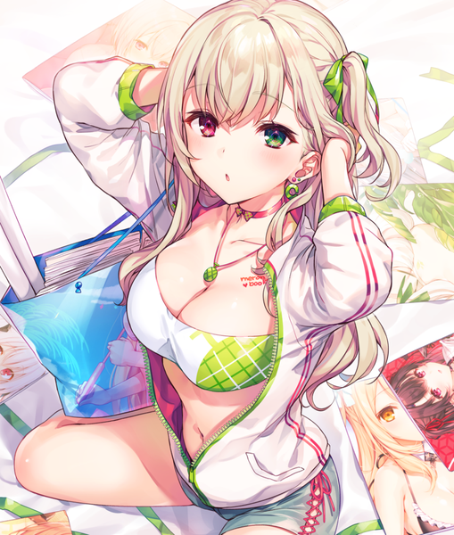 Anime picture 1002x1180 with original melonbooks komeshiro kasu single long hair tall image looking at viewer blush fringe breasts open mouth light erotic blonde hair hair between eyes red eyes large breasts sitting green eyes bent knee (knees) from above