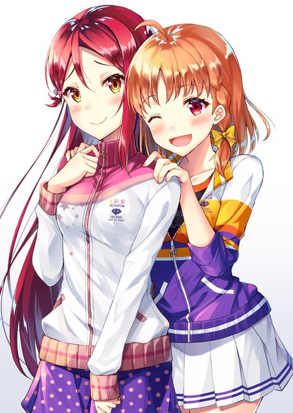 Anime picture 708x1000 with love live! sunshine!! sunrise (studio) love live! sakurauchi riko takami chika syuurin long hair tall image looking at viewer blush fringe short hair open mouth simple background smile hair between eyes red eyes standing multiple girls yellow eyes