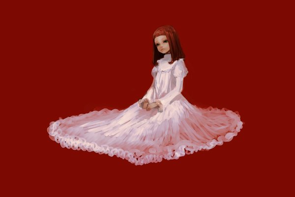 Anime picture 1415x945 with original dohi (bonno) single black hair simple background brown hair long sleeves red background girl dress white dress