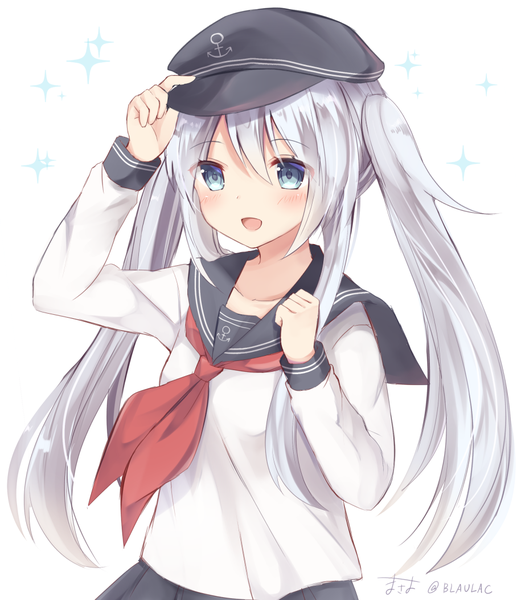 Anime picture 908x1052 with kantai collection hibiki destroyer masayo (gin no ame) single long hair tall image blush fringe open mouth blue eyes simple background smile hair between eyes white background twintails signed payot looking away silver hair upper body