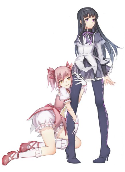 Anime picture 800x1100 with mahou shoujo madoka magica shaft (studio) akemi homura kaname madoka streamingsun long hair tall image fringe short hair light erotic black hair simple background hair between eyes standing white background sitting purple eyes twintails multiple girls brown eyes