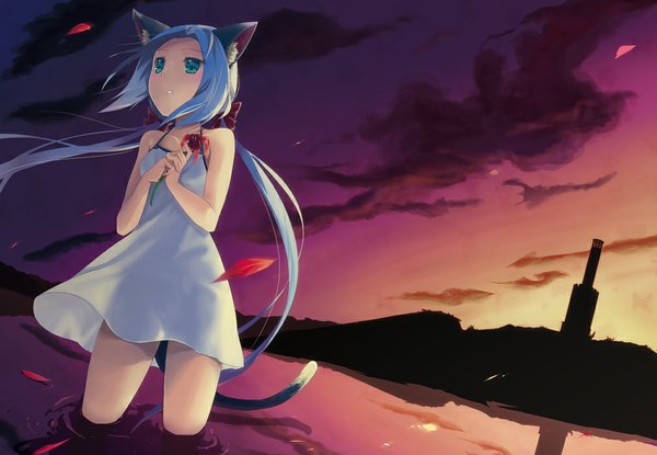 Anime picture 1010x700 with star ocean meracle chamlotte shigushiro long hair blush blue eyes animal ears blue hair cloud (clouds) cat ears cat girl cat tail evening sunset girl flower (flowers) sundress